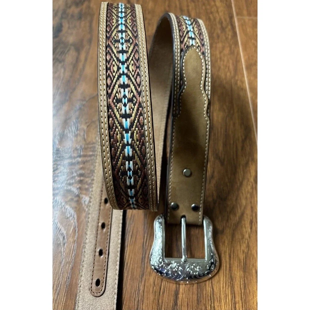 Nocona Leather Belt Men 42 Brown Turquoise Blue Embroidered Overlay N2474844